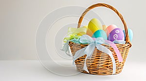 An Easter basket steals the spotlight, meticulously arranged against a clear