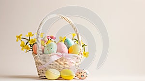 An Easter basket steals the spotlight, meticulously arranged against a clear