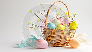 An Easter basket steals the spotlight, meticulously arranged against a clear