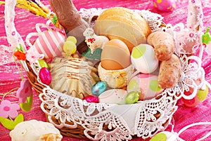 Easter basket with traditional food and decorations