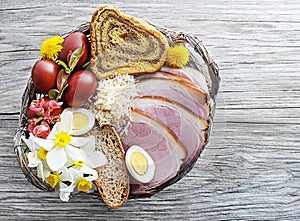 Easter basket, traditional meal with ham, eggs and bread