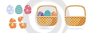 Easter basket woven with eggs icon vector flat cartoon graphic illustration set, flower bamboo wicker hamper box holder isolated