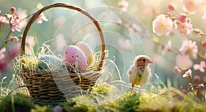 easter baskets with eggs on the grass, vibrant stage backdrops