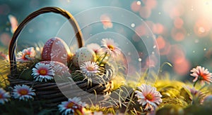 easter baskets with eggs on the grass, vibrant stage backdrops