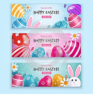 Easter Beautiful Banner. Multicolored Easter eggs with bunny and chamomiles