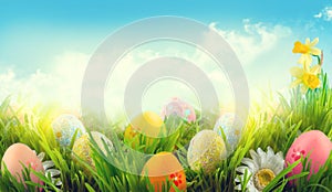 Easter. Beautiful colorful eggs in spring grass meadow