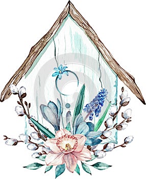 Easter bird house with spring flowers and willow branches. Watercolor illustration isolated on white background