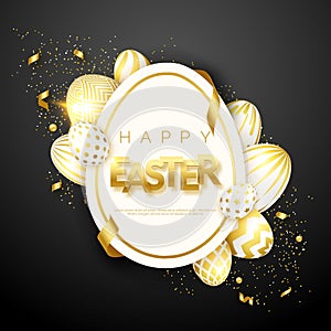 Easter black background with realistic golden decorated eggs, egg frame, confetti, text and ribbons. Vector illustration