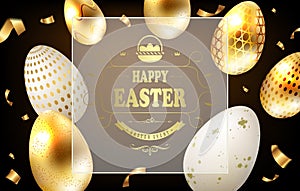 Easter black composition with golden eggs and a transparent frame with text,