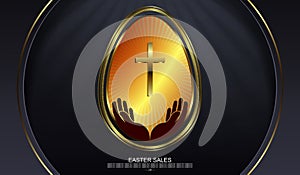 Easter black design with arcs, abstract egg with gold border, cross and hands