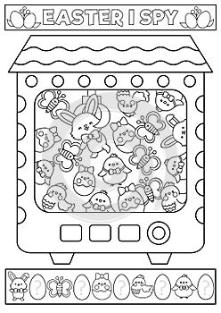 Easter black and white I spy game for kids with toy vending machine. Searching, counting activity. Coloring page with cute kawaii