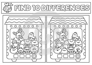 Easter black and white kawaii find differences game. Coloring page with cute animals in toy vending machine. Spring holiday puzzle