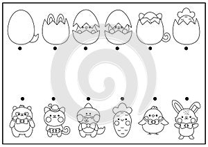 Easter black and white matching activity for children with kawaii animals hiding in eggs. Fun spring holiday puzzle with cute