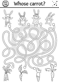 Easter black and white maze for children with bunny family and carrots. Holiday outline preschool printable activity with rabbits