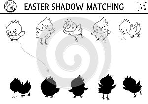 Easter black and white shadow matching activity for children with chickens. Outline spring puzzle with cute farm birds. Holiday