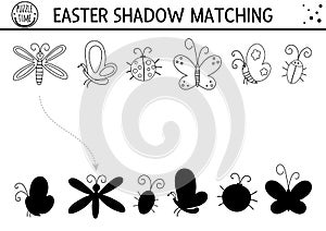 Easter black and white shadow matching activity for children. Outline spring puzzle with cute insects. Holiday celebration