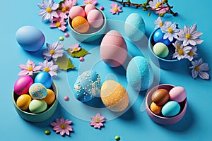 Easter Bliss: A Vibrant Display of Easter Eggs on a Blue Table photo