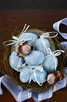 Easter blue decoration eggs in birds nest