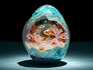 A Easter blue egg with a fish and coral inside