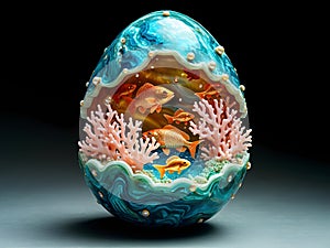 A Easter blue egg with a fish and coral inside