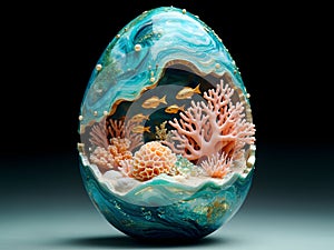 A Easter blue egg with a fish and coral inside