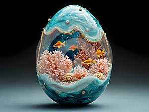 A Easter blue egg with a fish and coral inside