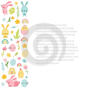 Easter border with bunny, eggs, rainbow, flowers