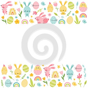 Easter border with bunny, eggs, rainbow, flowers