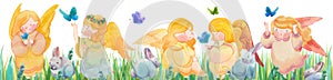 Easter border, hand drawn watercolor angels, rabbits, butterflies on the green grass.