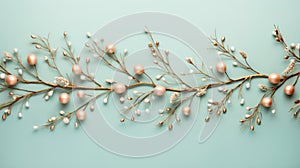 Easter Branch Decorated With Gold Beads And Pearls On Blue Background