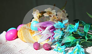 Italian Easter bread with eggs and flovers