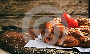 Easter bread and eggs on a table - copy space