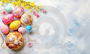 Easter bread with painted eggs on blue background. Backdrop for holiday greetings