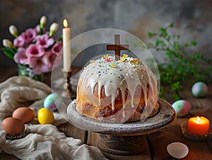 Easter bread with a wooden cross on the background of a candle and pink, spring flowers.