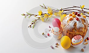 Easter bread with yellow and pink painted eggs on blue background. Backdrop for holiday greeting