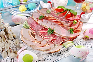 Easter breakfast with platter of cured meat and ham