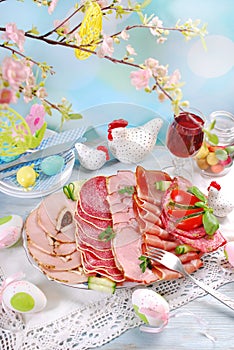 Easter breakfast with platter of cured meat and ham