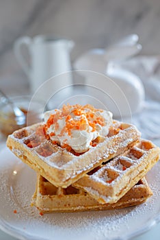 easter breakfast with waffle and powdered sugar