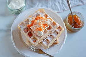 easter breakfast with waffle and powdered sugar