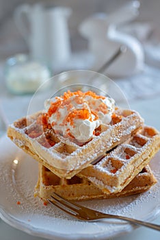 easter breakfast with waffle and powdered sugar