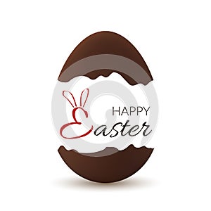 Easter broken egg. Happy Easter text bunny ears. Chocolate brown open egg isolated white background. Traditional sweet