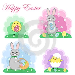Easter bunnies and chickens, set. It`s spring. Seasonal celebration.