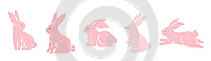 Easter bunnies collection vector illustration. Pink rabbits in different poses isolated on white background. Cute print