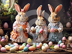Easter bunnies with colorful eggs on rustic wooden background