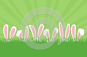 Easter bunnies ears in row in grass, cartoon rabbits ears border. Easter eggs hunt. Cute holiday background. Spring illustration photo