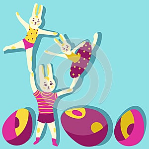 Easter bunnies with easter colored eggs baner template.Acrobatic dancing animal rabbits Vector illustration