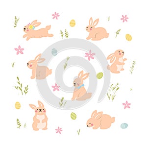 Easter bunnies. Easter eggs decorated with dots and stripes. Cute cartoon style
