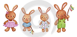 Easter bunnies, easter whips with ribbons. Traditional holiday,