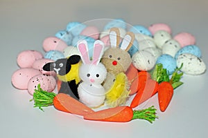 Easter Bunnies lamb & chick with carrots and eggs