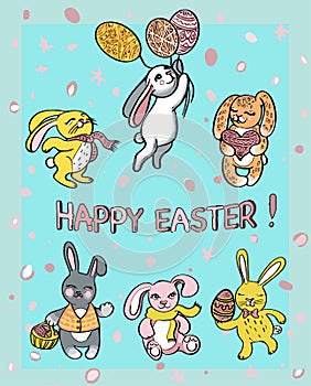 Pascua de resurrección conejitos colocar vistoso huevos cómo a corazón. diseno de pintura conejos pascua de resurrección ilustraciones 